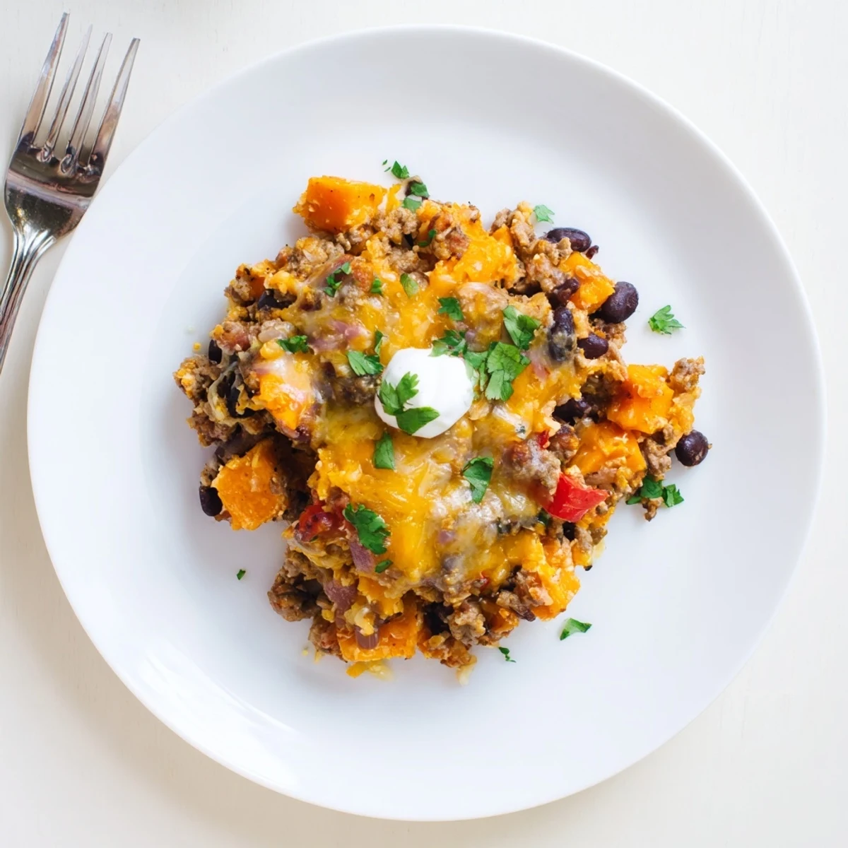 Tender sweet potato layers in a hearty sweet potato turkey black bean bake casserole