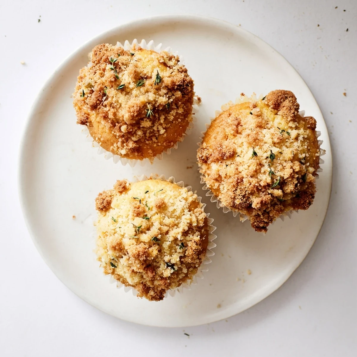 Golden lemon orange honey muffins with thyme crumble fresh from the oven