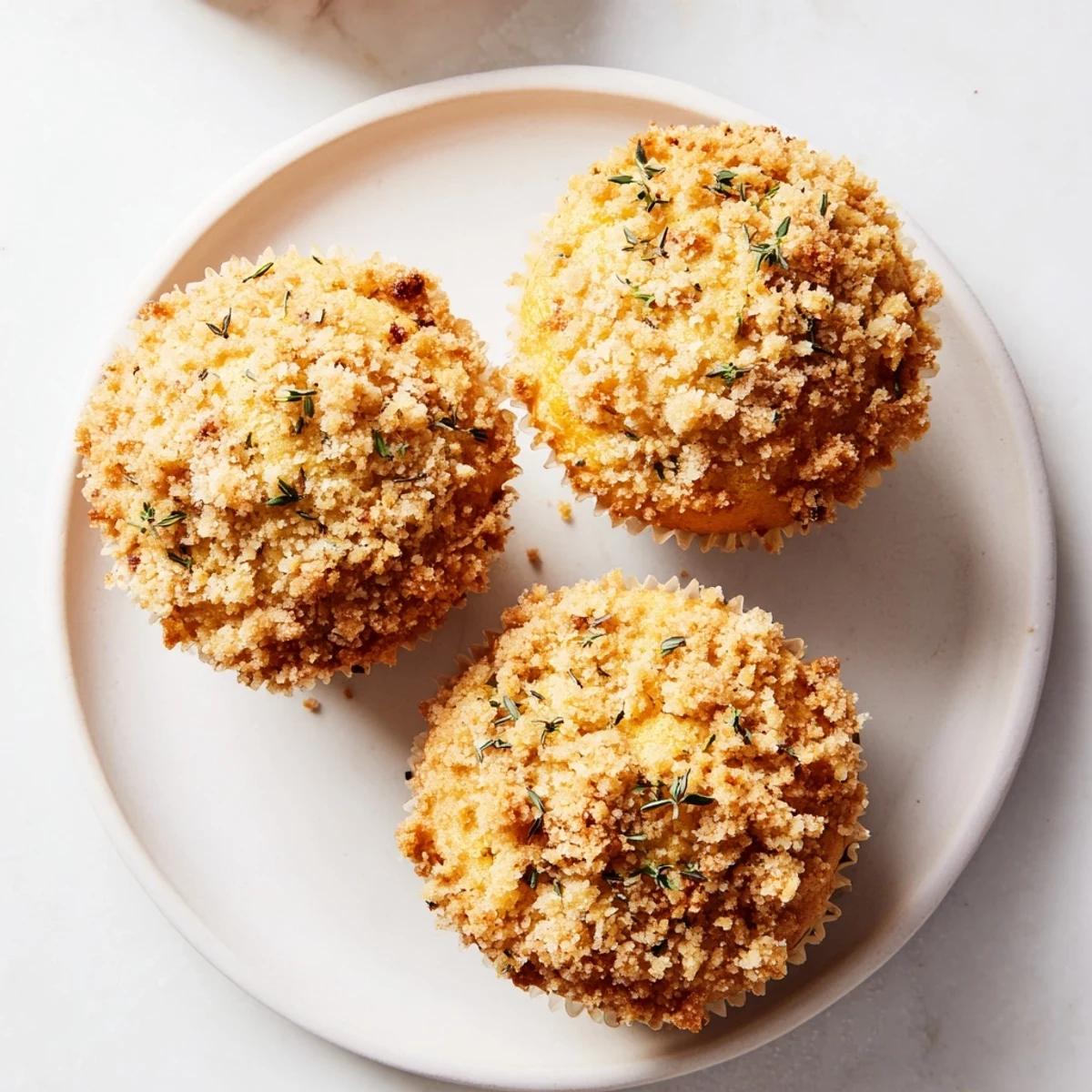 Steaming lemon orange honey muffins with golden crumble served on a white plate