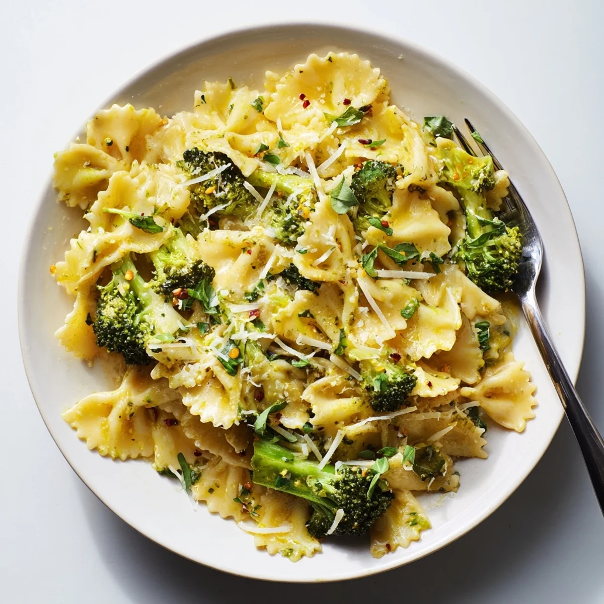 Mafaldine limone broccoli pasta twirled in a creamy tangy lemon sauce with bright green florets and grated Parmigiano-Reggiano