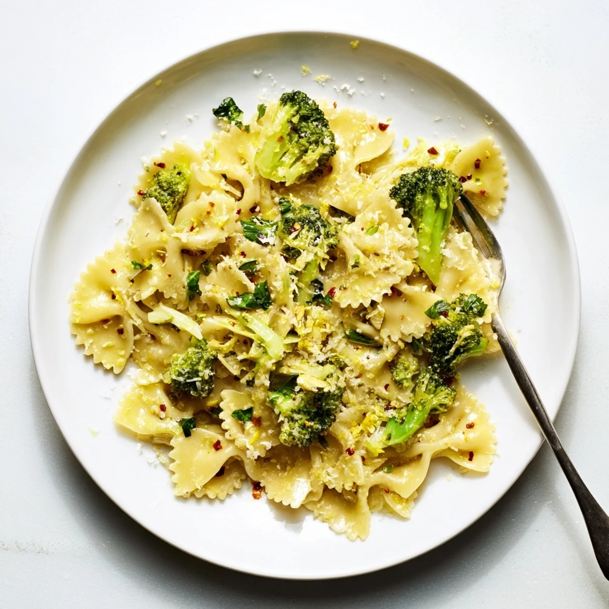 Golden olive oil coats mafaldine limone broccoli pasta flecked with fresh basil and topped with extra grated Parmigiano-Reggiano