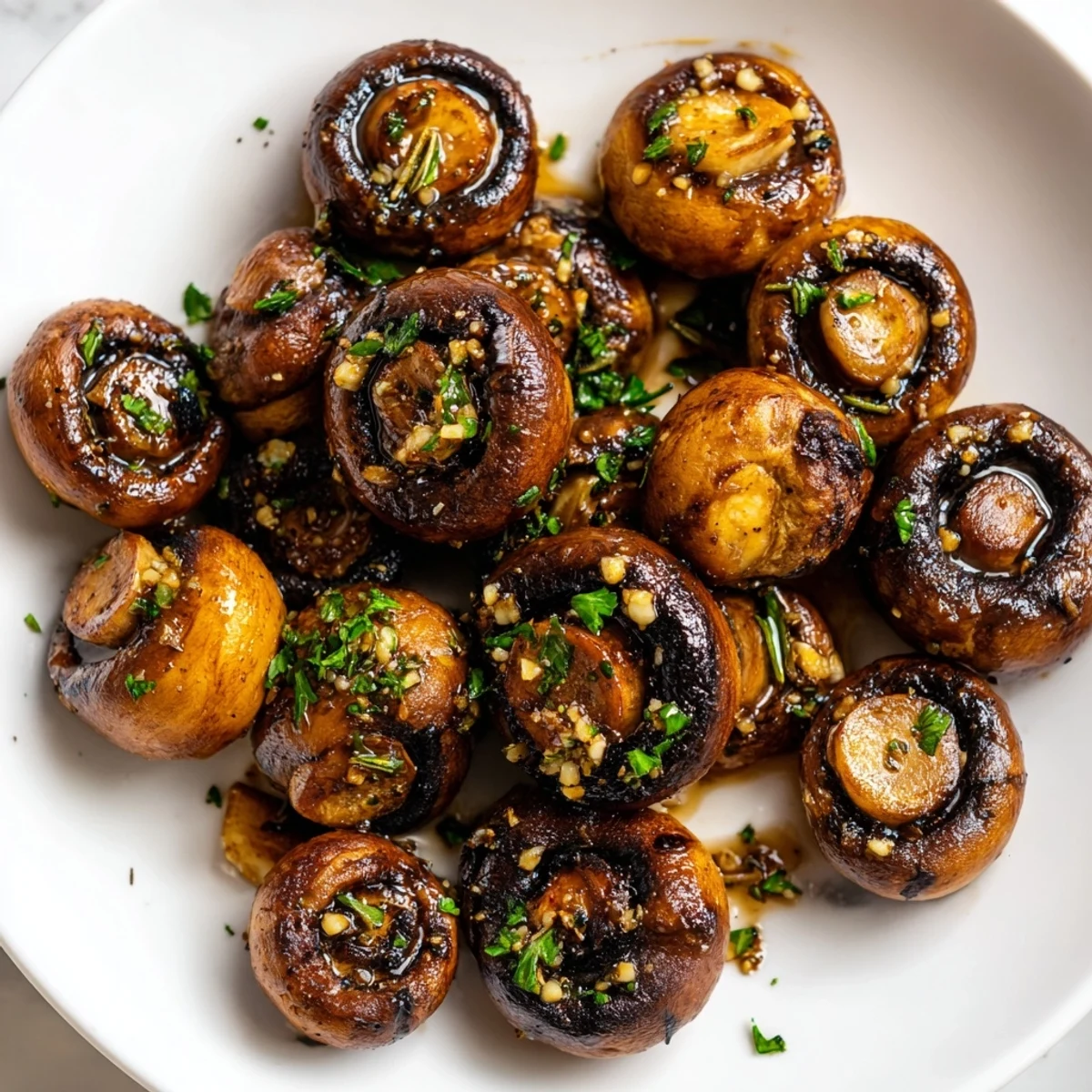 Golden sautéed grilled garlic mushrooms glistening with butter and fresh parsley in a warm skillet