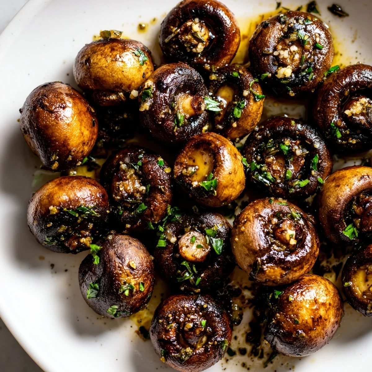 Sizzling sautéed grilled garlic mushrooms with charred grill marks topped with chopped herbs