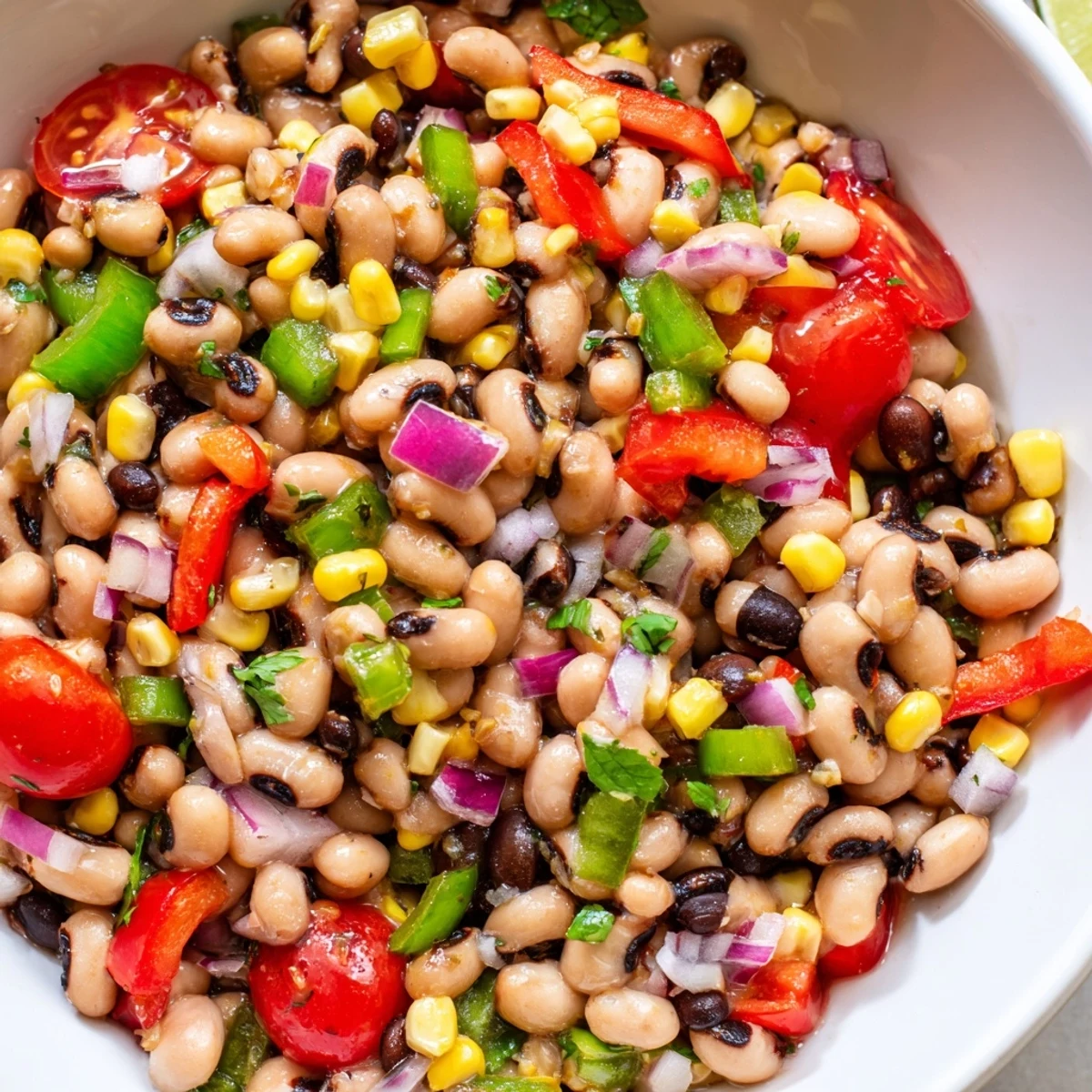 Cowboy Caviar in a rustic bowl with colorful bell peppers and fresh cilantro