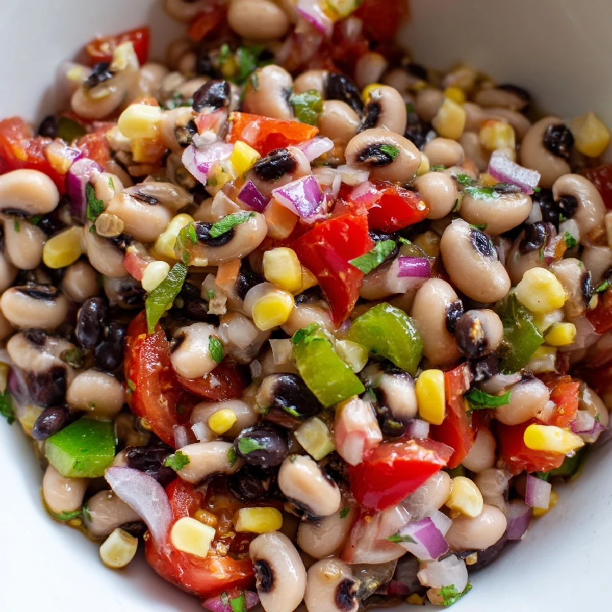 Bright Cowboy Caviar scooped up with crispy tortilla chips at a summer party