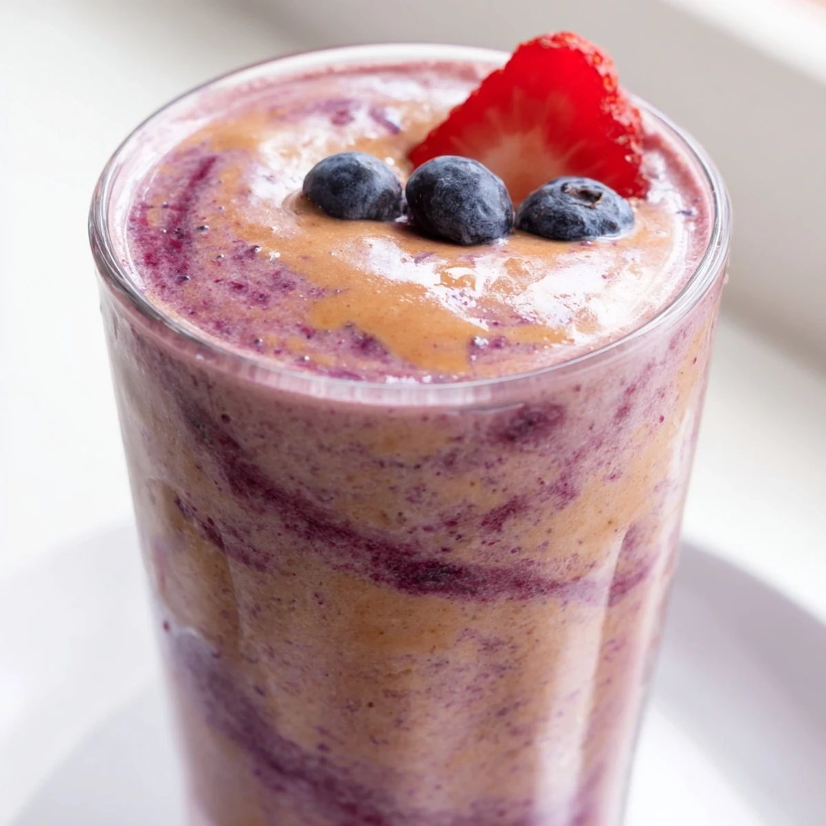 Thick purple peanut butter berry smoothie swirled with streaks of nutty goodness