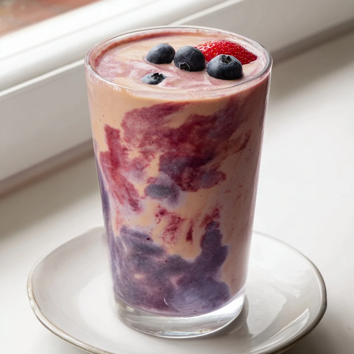 Creamy peanut butter berry smoothie poured into a glass topped with fresh raspberries