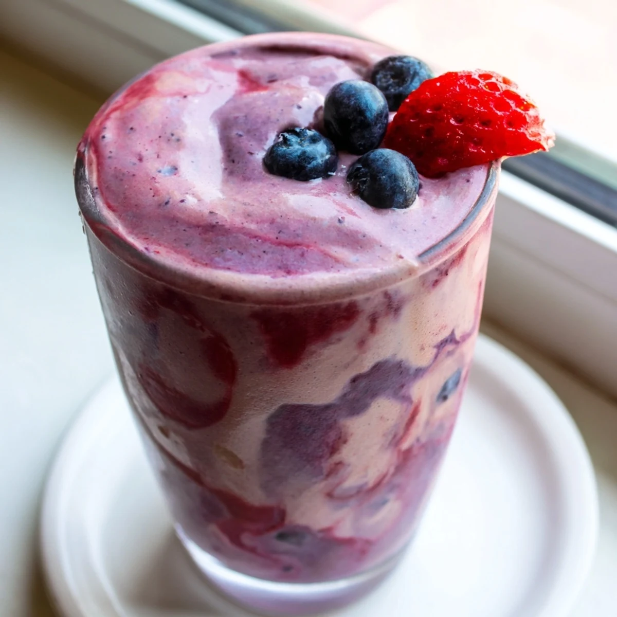 Chilled peanut butter berry smoothie in a mason jar beside scattered blueberries and strawberries