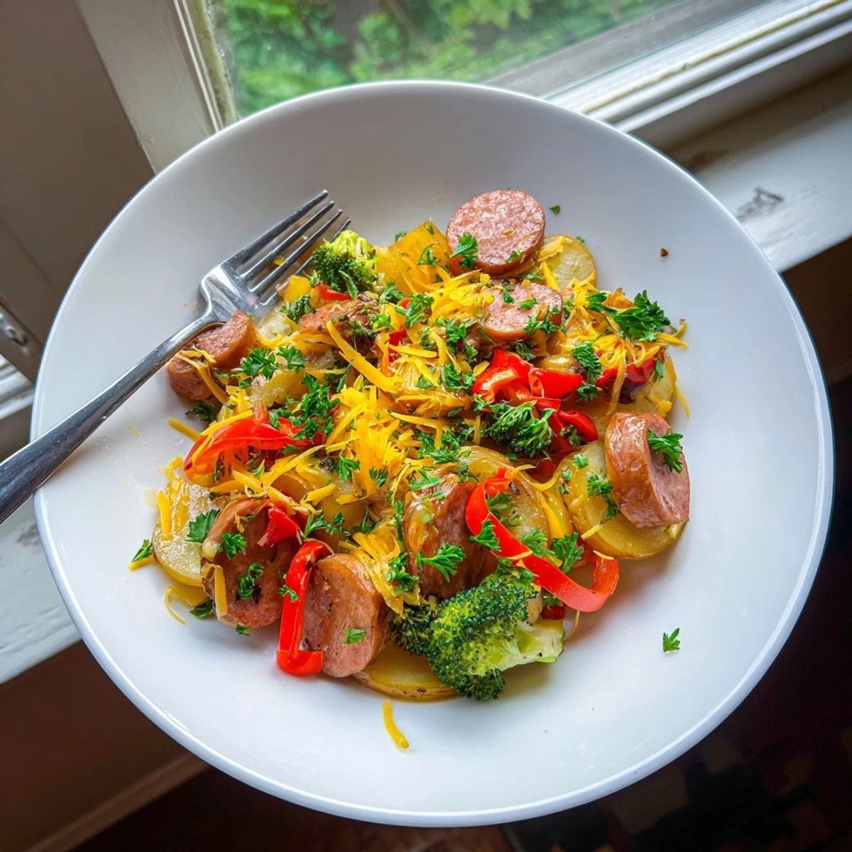 Hearty cheesy kielbasa skillet served hot with colorful bell peppers and bubbling cheddar