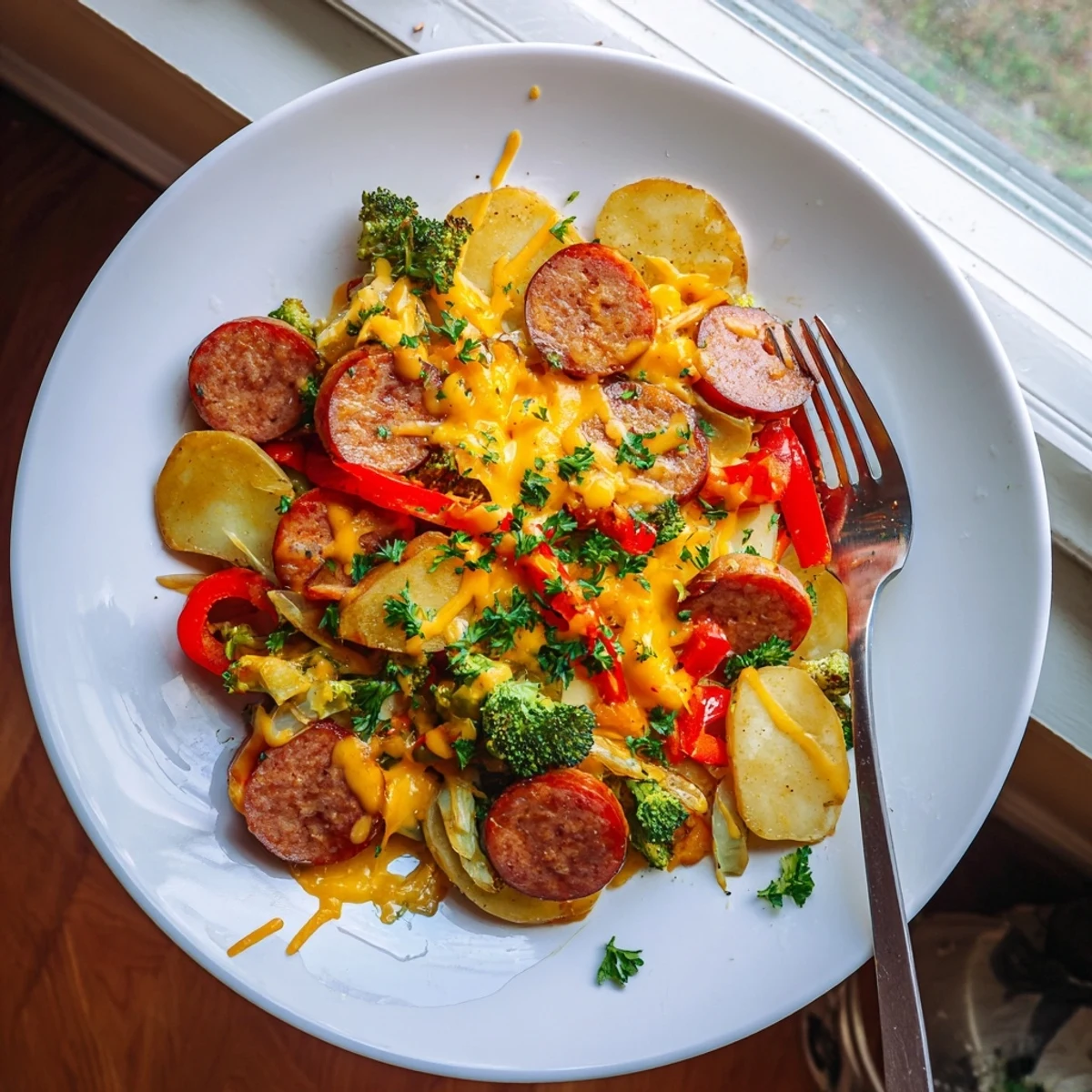 Smoky cheesy kielbasa skillet bubbling with tender potatoes broccoli and gooey cheese