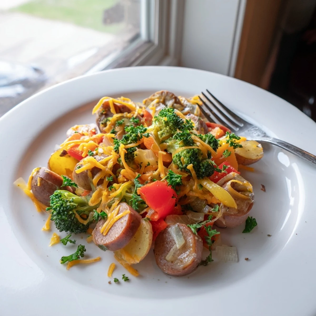 Cheesy kielbasa skillet with golden potatoes and vibrant veggies under melted cheddar