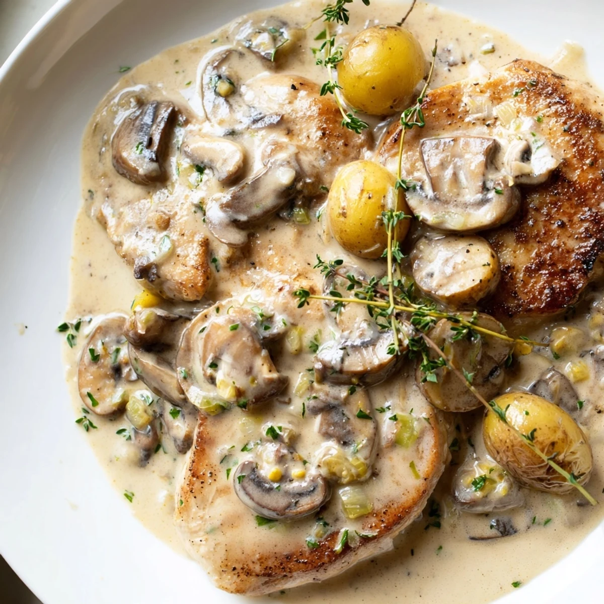 Creamy mushroom chicken with golden herb-roasted potatoes on a rustic white plate