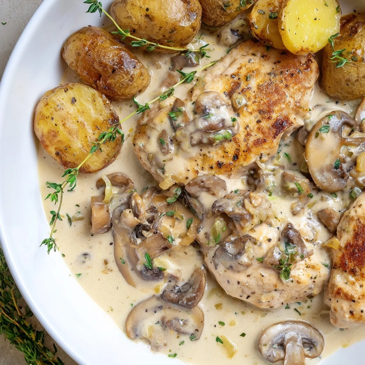 Tender creamy mushroom chicken served alongside crackling herb potatoes garnished with fresh thyme