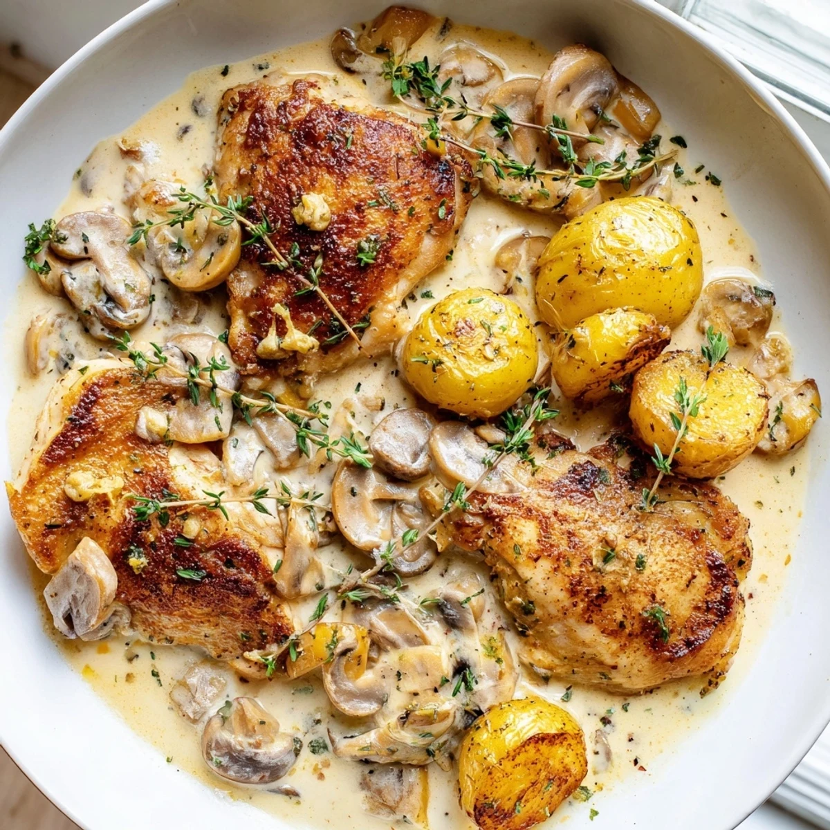 Juicy seared chicken breasts swimming in a velvety mushroom cream sauce with crispy potatoes