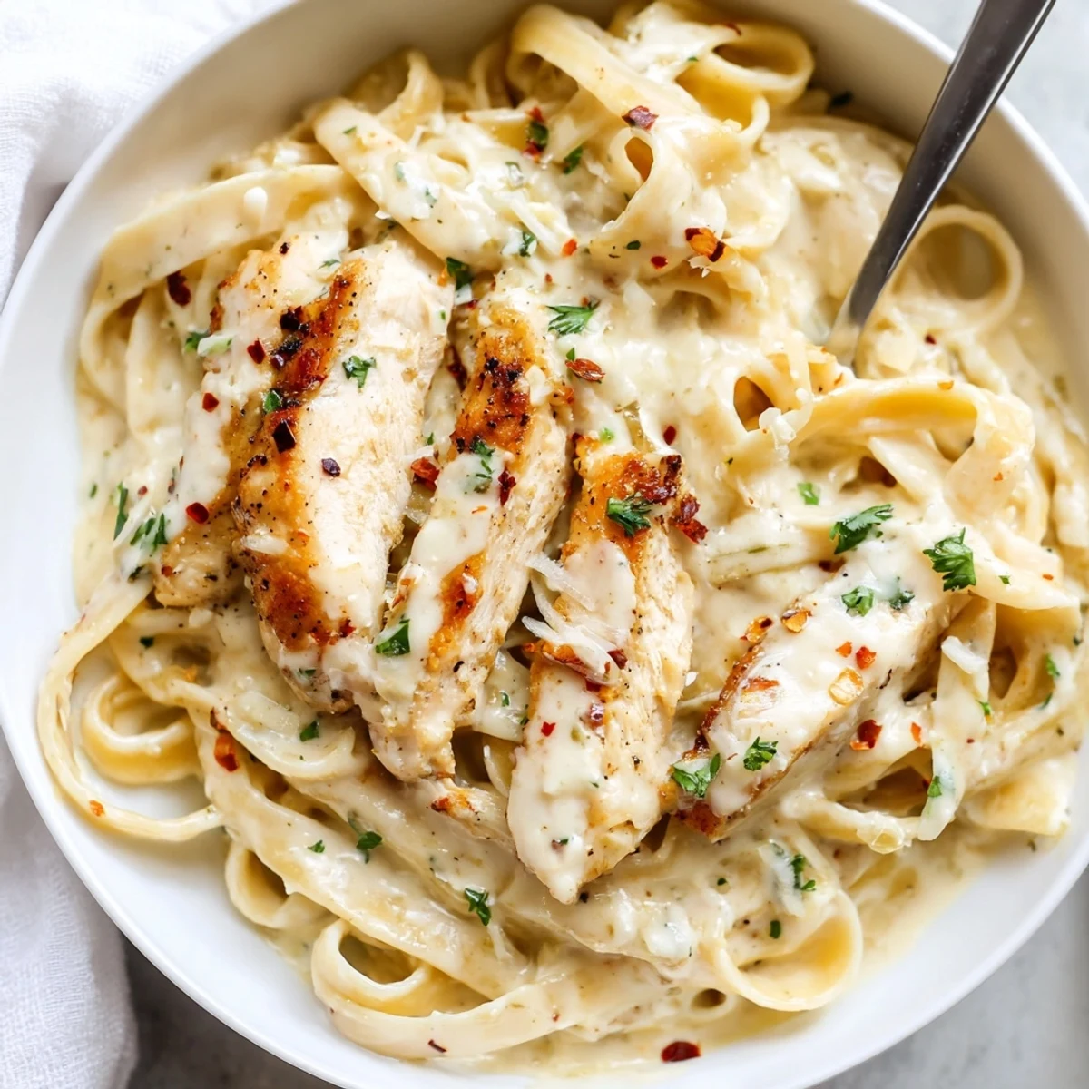 A steaming bowl of Creamy Garlic Parmesan Chicken Pasta with golden seared chicken strips