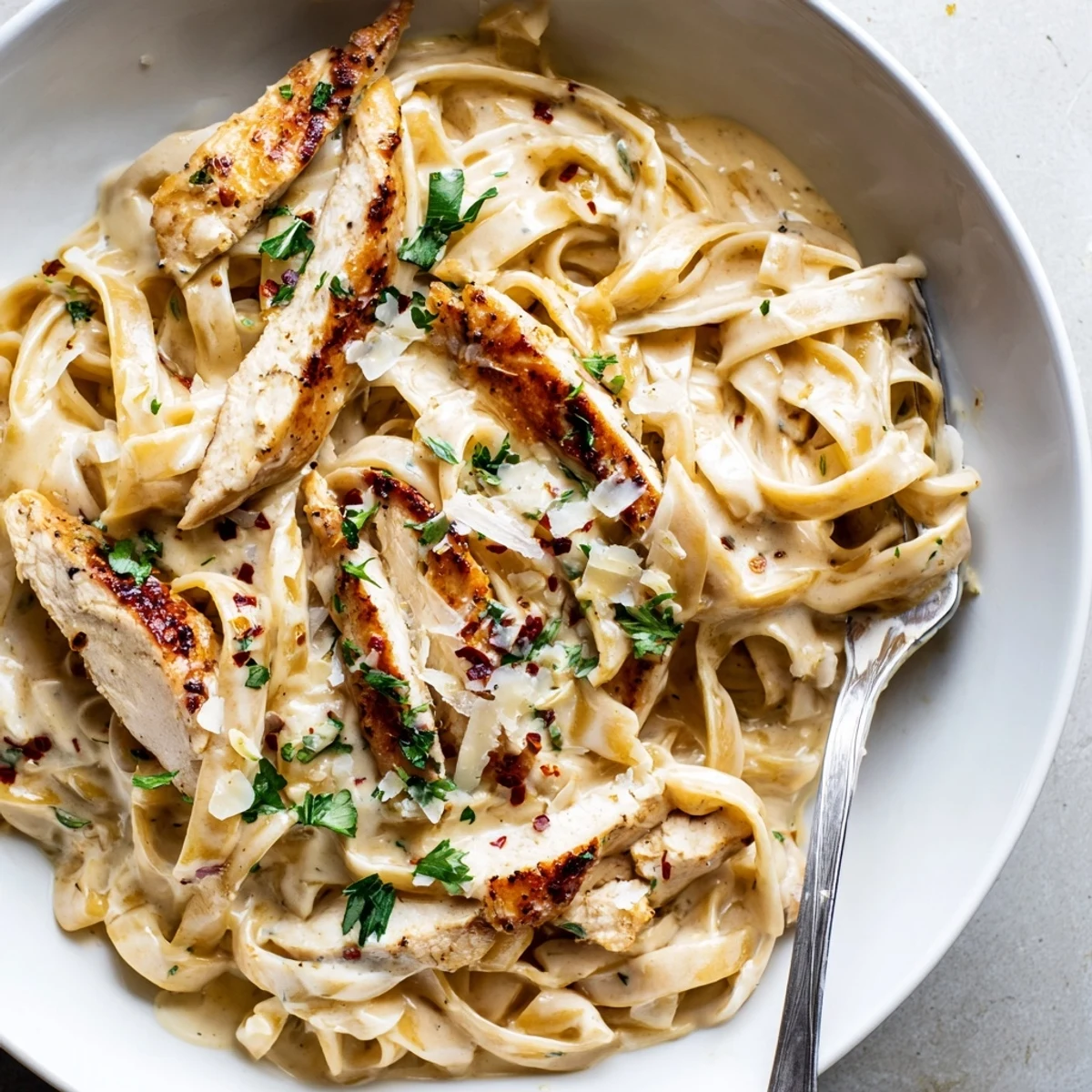 Creamy Garlic Parmesan Chicken Pasta topped with fresh parsley on a white plate