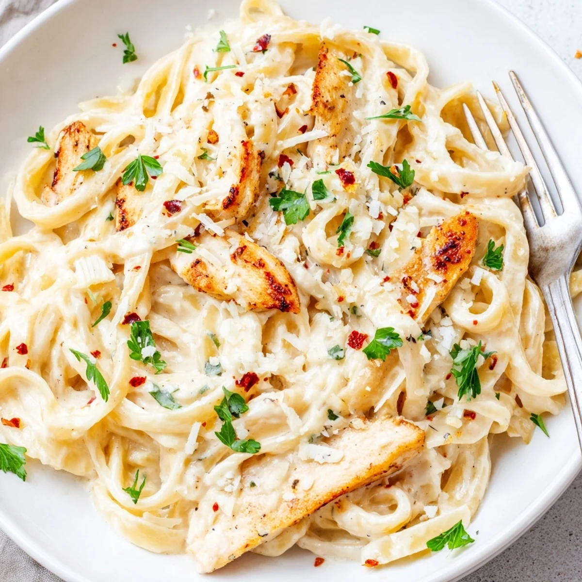 Creamy Garlic Parmesan Chicken Pasta coated in silky sauce served in a rustic skillet