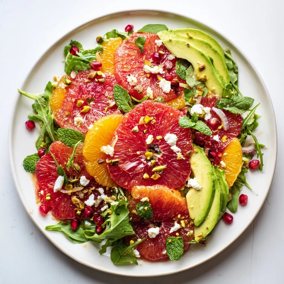 Bright orange and grapefruit segments topped with pomegranate jewels, avocado, and feta cheese