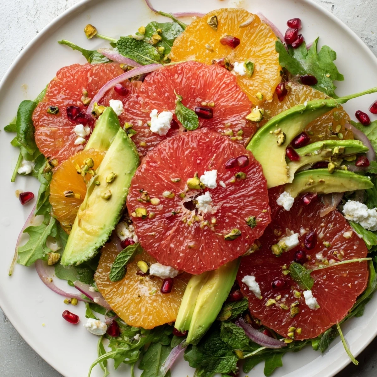 Colorful citrus salad with pomegranate seeds, creamy avocado, and crumbled feta on greens