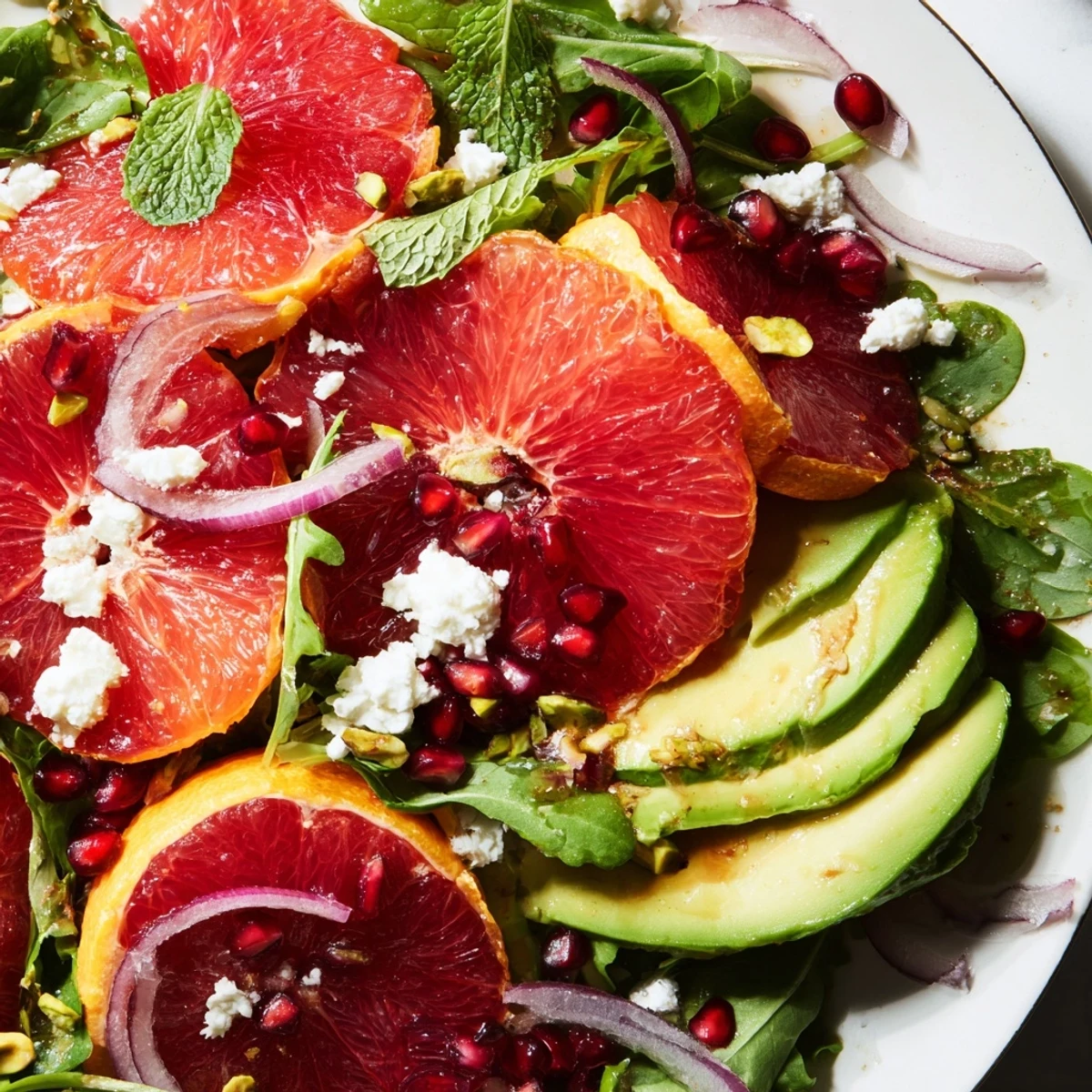 Refreshing citrus salad drizzled with tangy dressing, garnished with mint and toasted pistachios