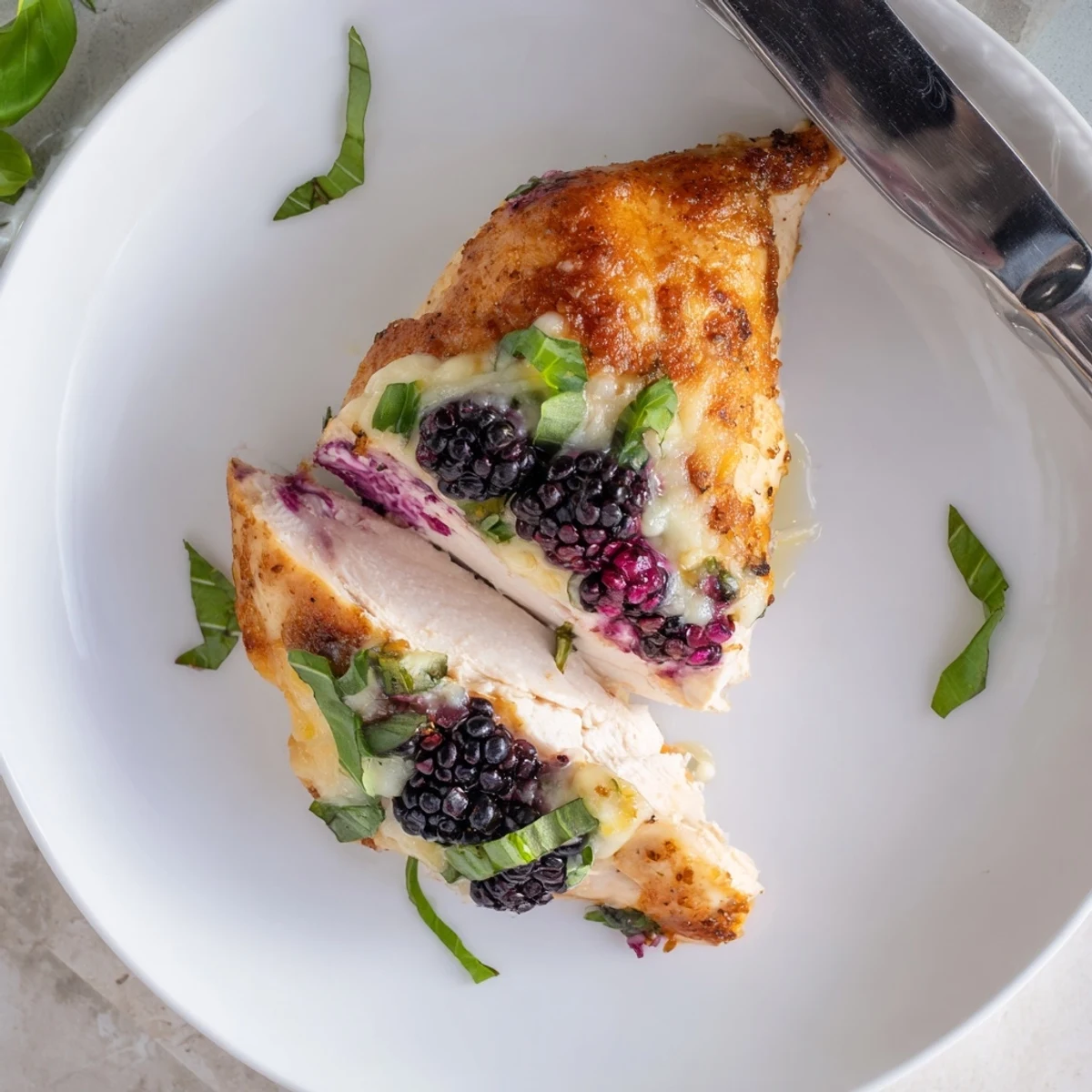 Golden baked blackberry jalapeno stuffed chicken with bubbling melted mozzarella on top