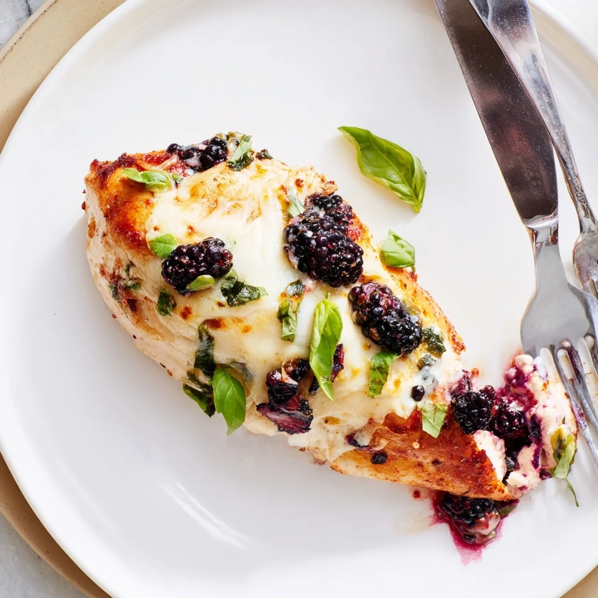 Juicy blackberry jalapeno stuffed chicken oozing creamy goat cheese on a rustic plate