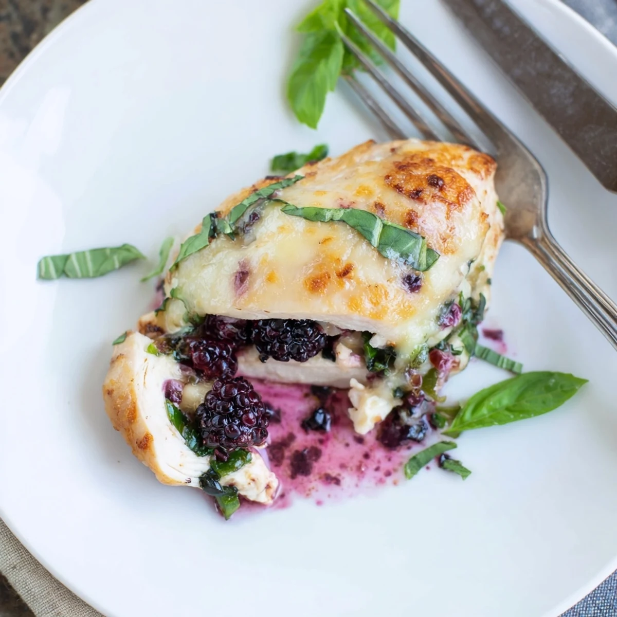 Seared blackberry jalapeno stuffed chicken garnished with fresh basil on a white platter