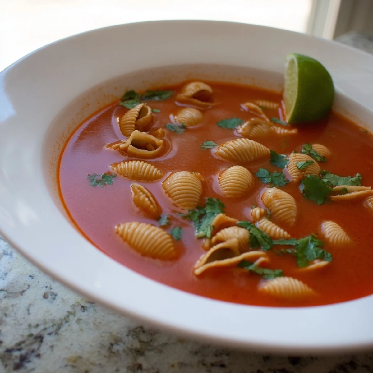 Steaming bowl of Sopa de Conchas with golden shells in rich tomato broth topped with fresh cilantro