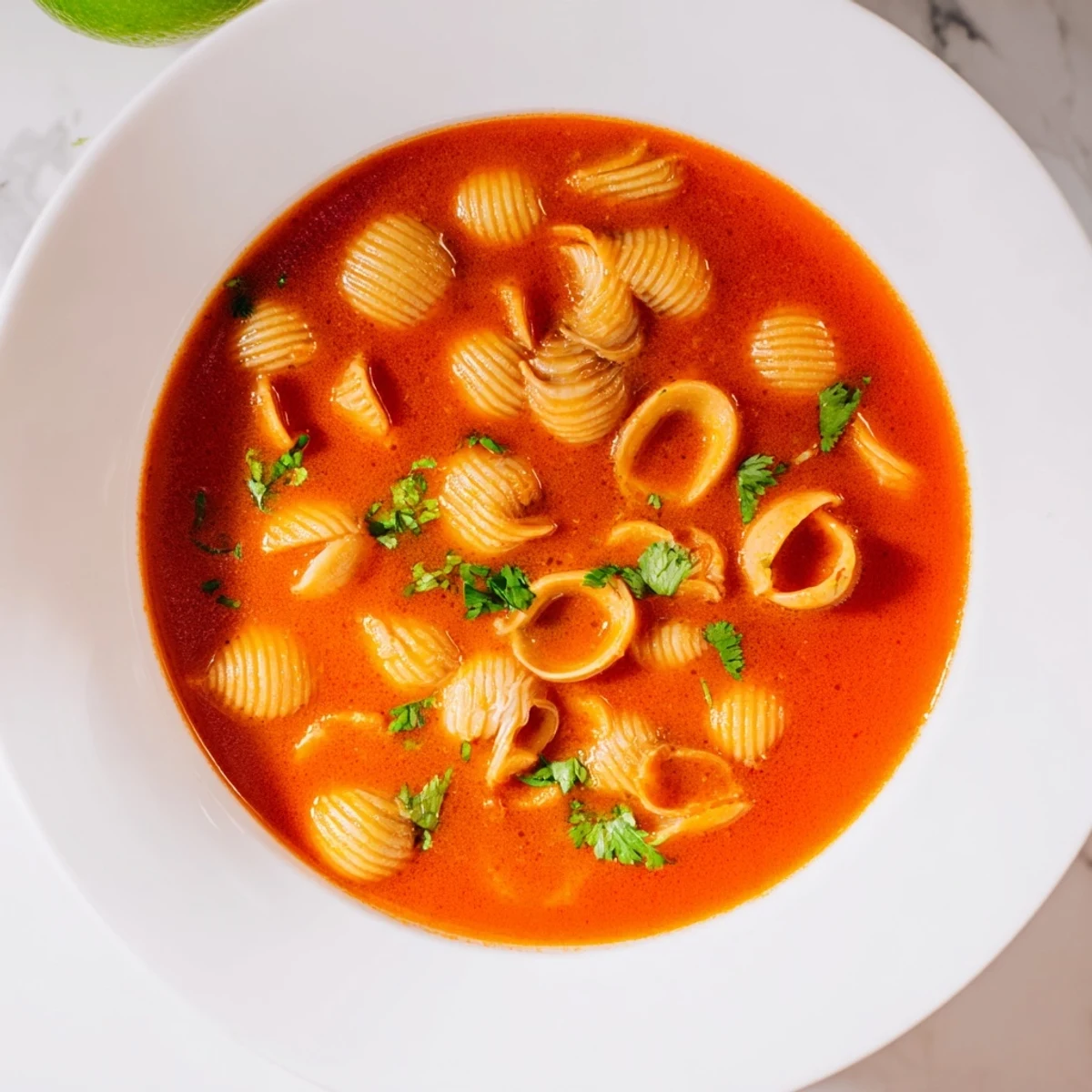 Sopa de Conchas served in a rustic bowl with lime wedges and warm corn tortillas alongside