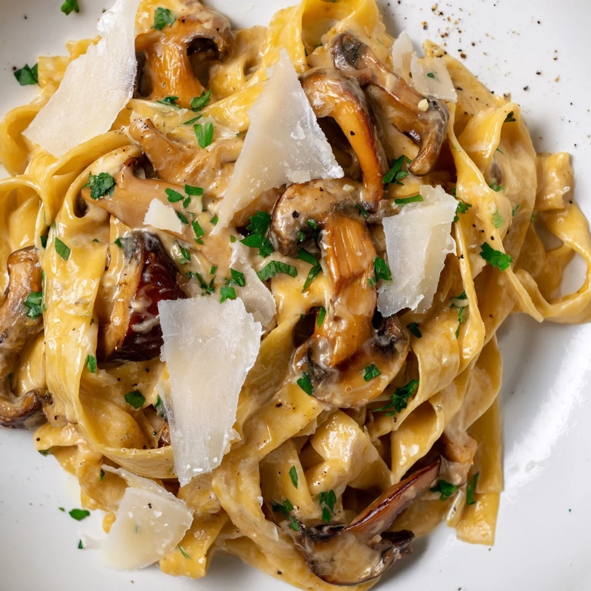 Twirl of Creamy Brown Butter Mushroom Pasta topped with golden caramelized mushrooms and fresh parsley