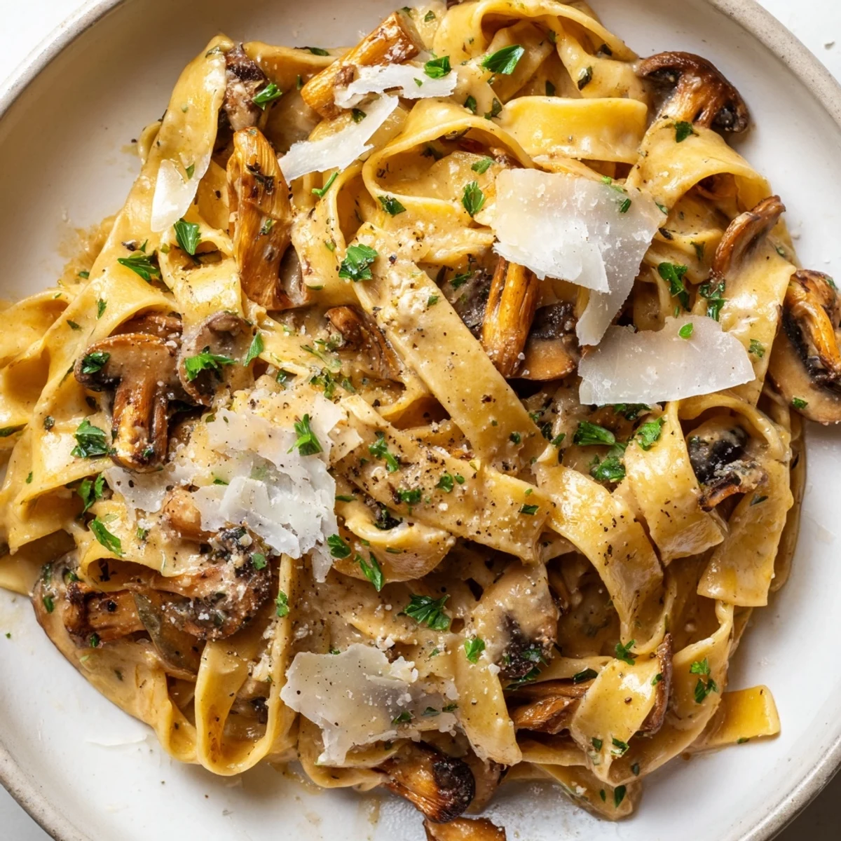 Creamy Brown Butter Mushroom Pasta coated in velvety parmesan sauce in a rustic skillet