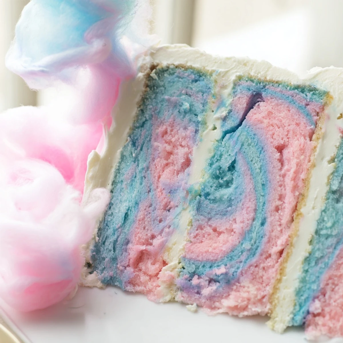 Pastel marbled cotton candy cake sliced into tall fluffy layers with swirled buttercream