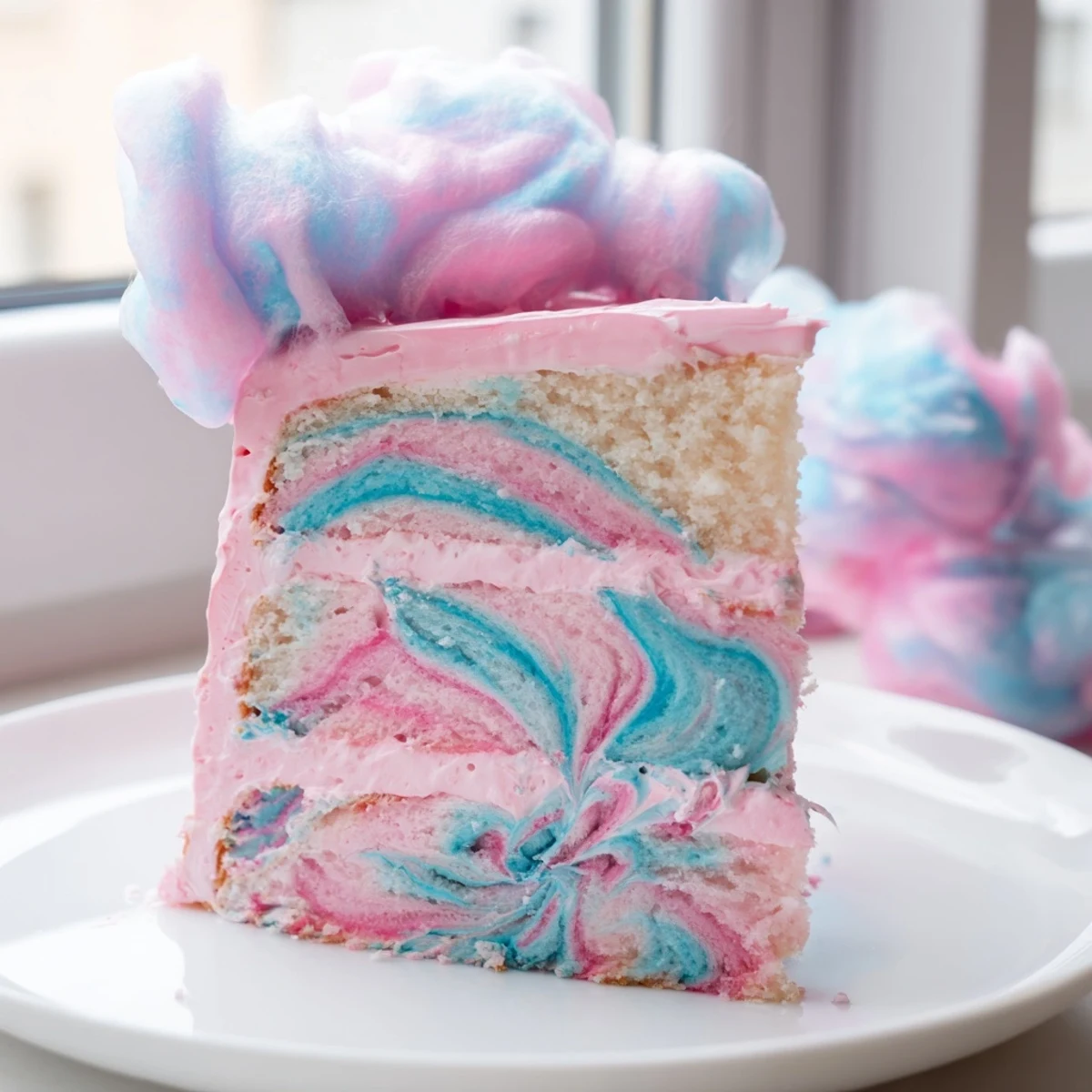 Tall cotton candy cake crowned with fluffy pink and blue spun sugar clouds