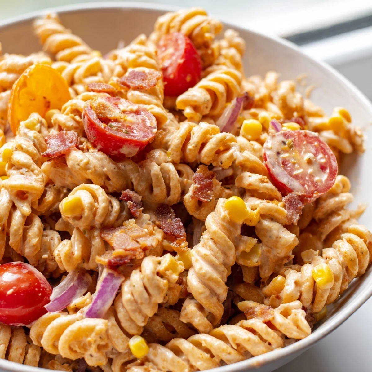 Cowboy pasta salad loaded with beef, bacon, and corn in a creamy dressing