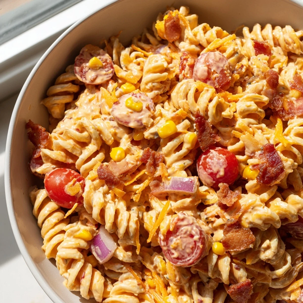 A vibrant cowboy pasta salad topped with cheddar, tomatoes, and smoky ranch