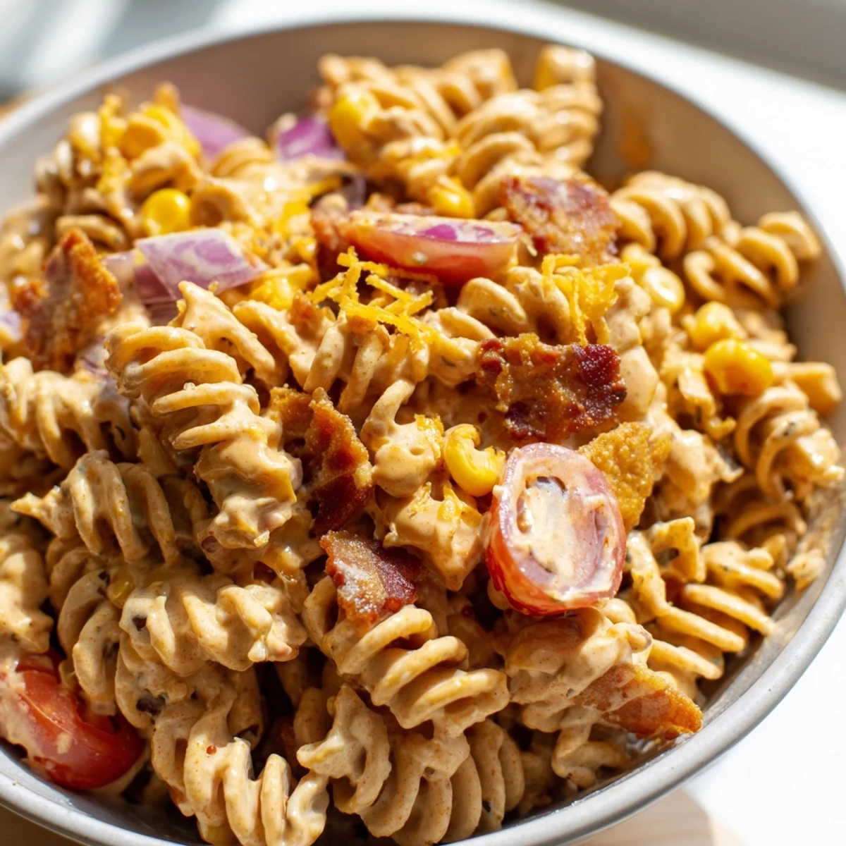Hearty cowboy pasta salad served in a bowl with BBQ ranch drizzle
