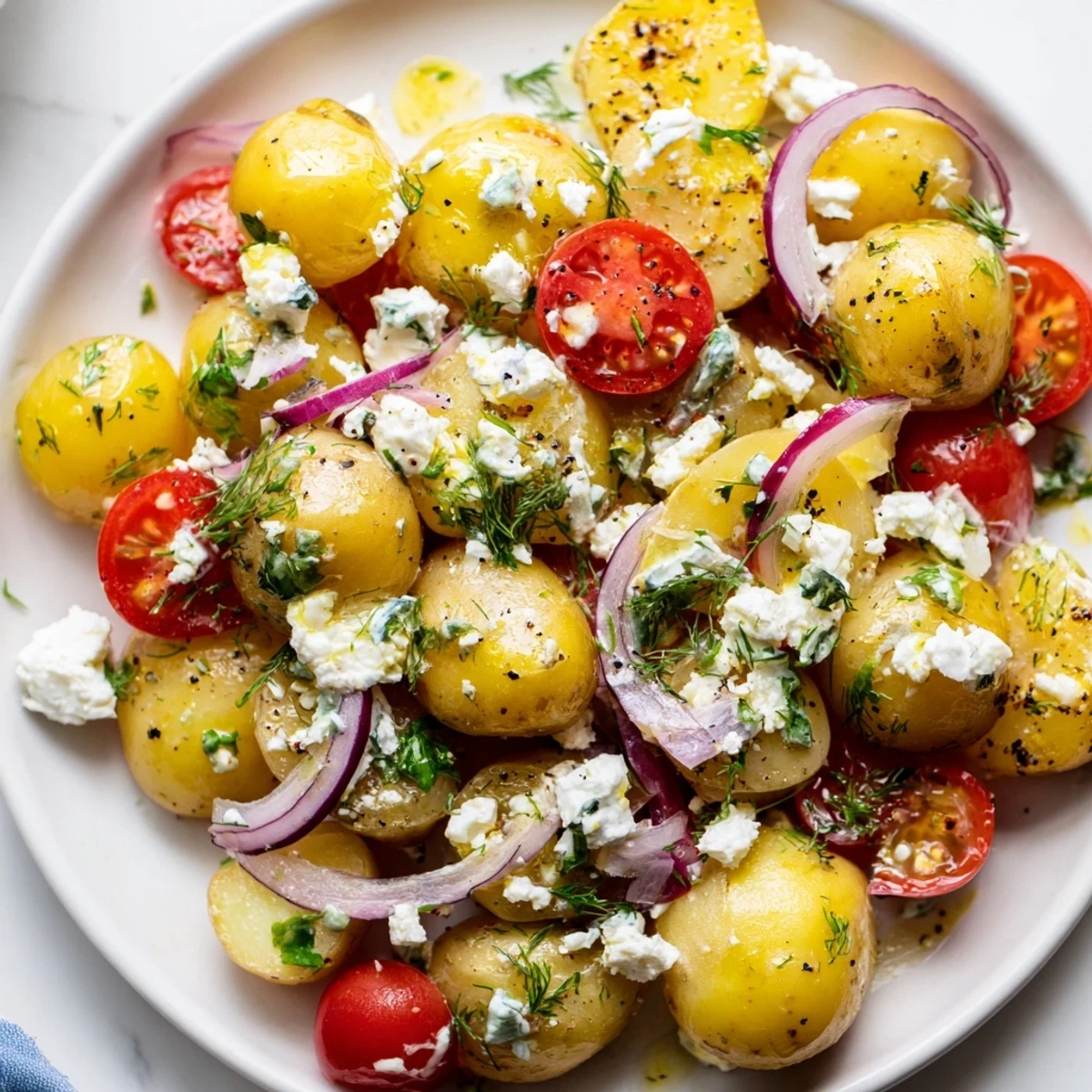 Creamy potato and feta salad topped with fresh herbs and cherry tomatoes