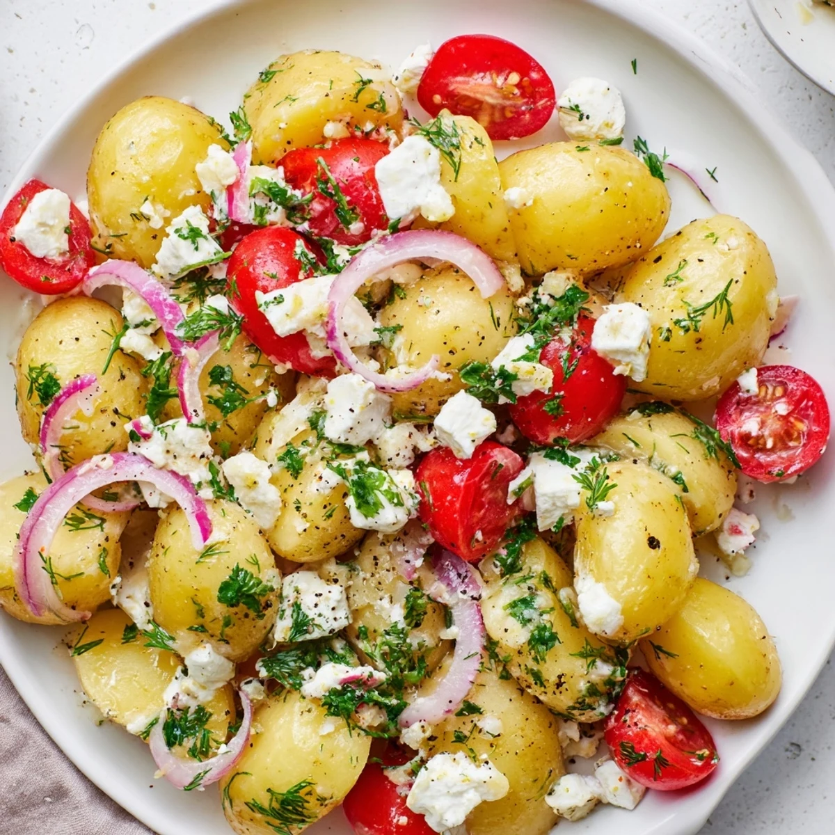 Warm potato and feta salad drizzled with tangy lemon herb dressing in a bowl