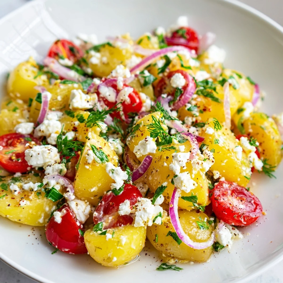 Golden tender potatoes tossed with crumbled feta and bright Mediterranean vegetables on a platter