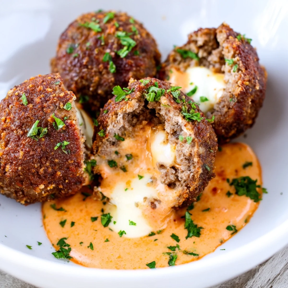 Cheese stuffed meatballs swimming in a rich, spicy cheese sauce on a rustic plate