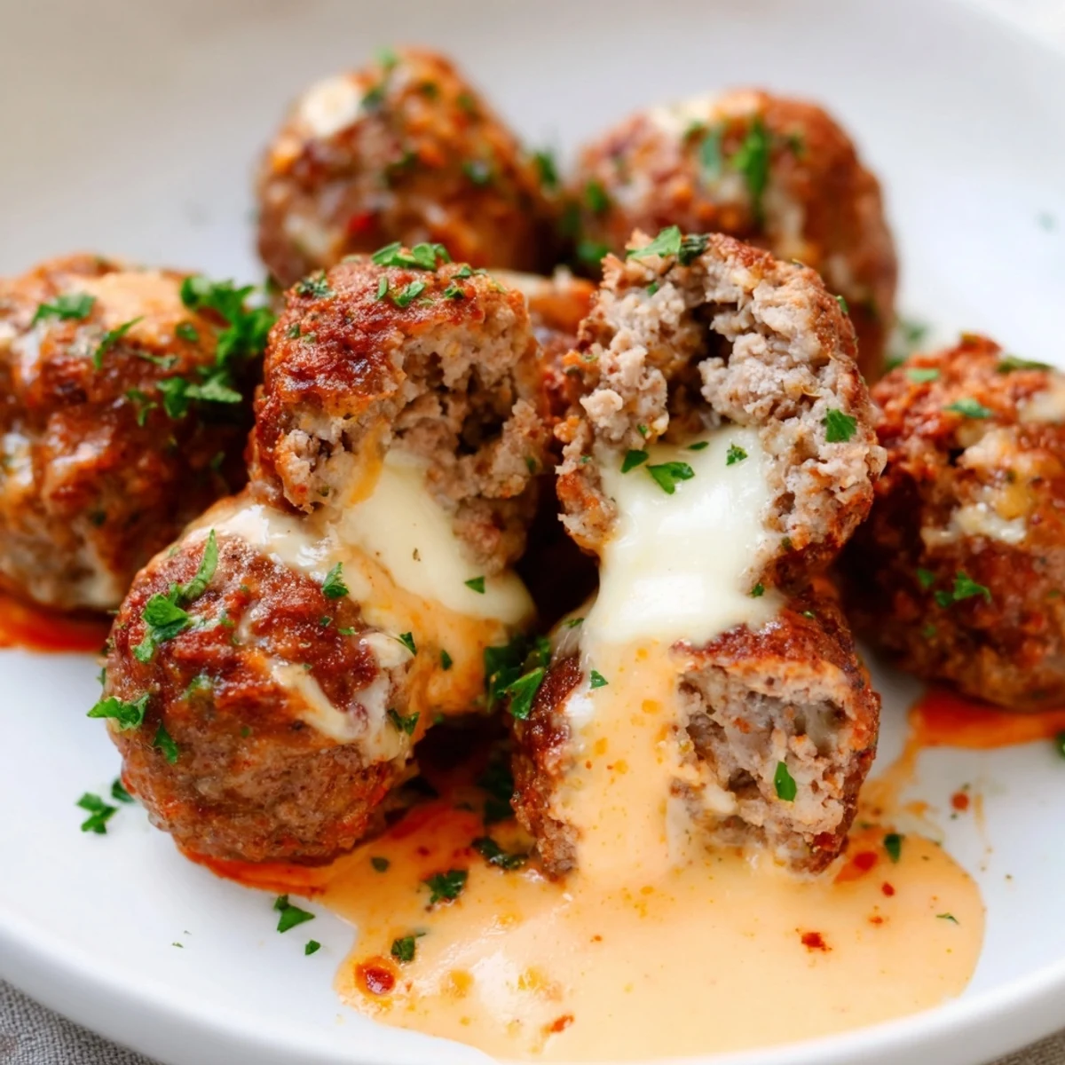 Golden baked cheese stuffed meatballs drizzled with creamy, smoky pepper jack cheese sauce