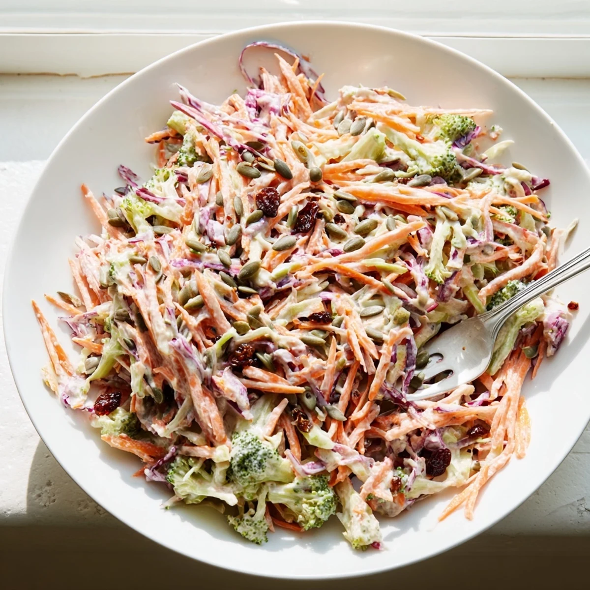 Creamy broccoli slaw with cranberries and sunflower seeds in a colorful bowl