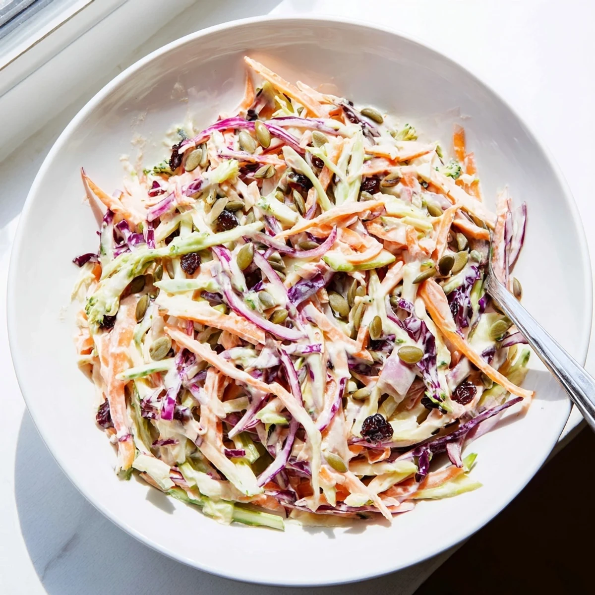 Crisp broccoli slaw tossed in tangy dressing, topped with crunchy almonds