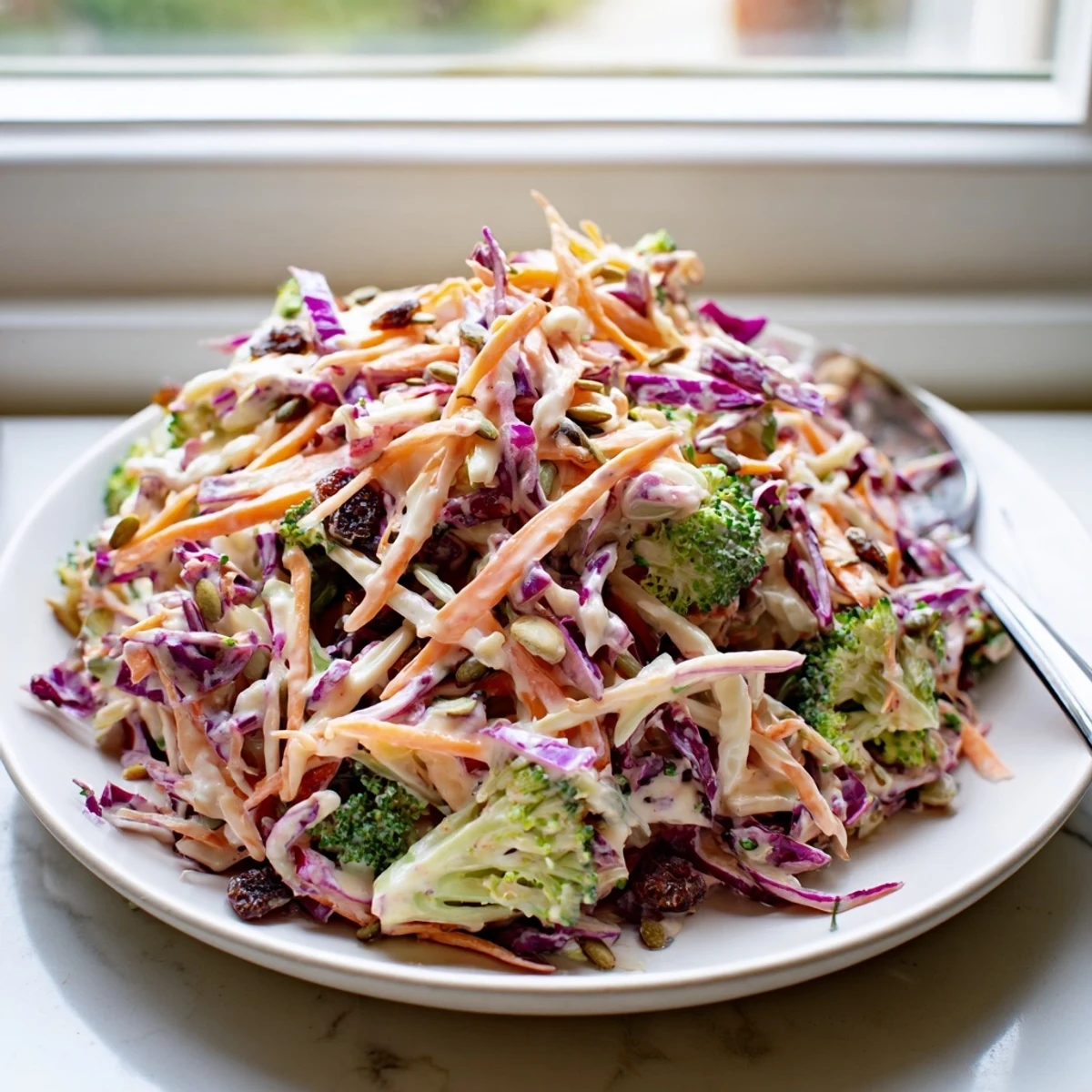 Vibrant broccoli slaw with shredded carrots and red onion, perfect for picnics