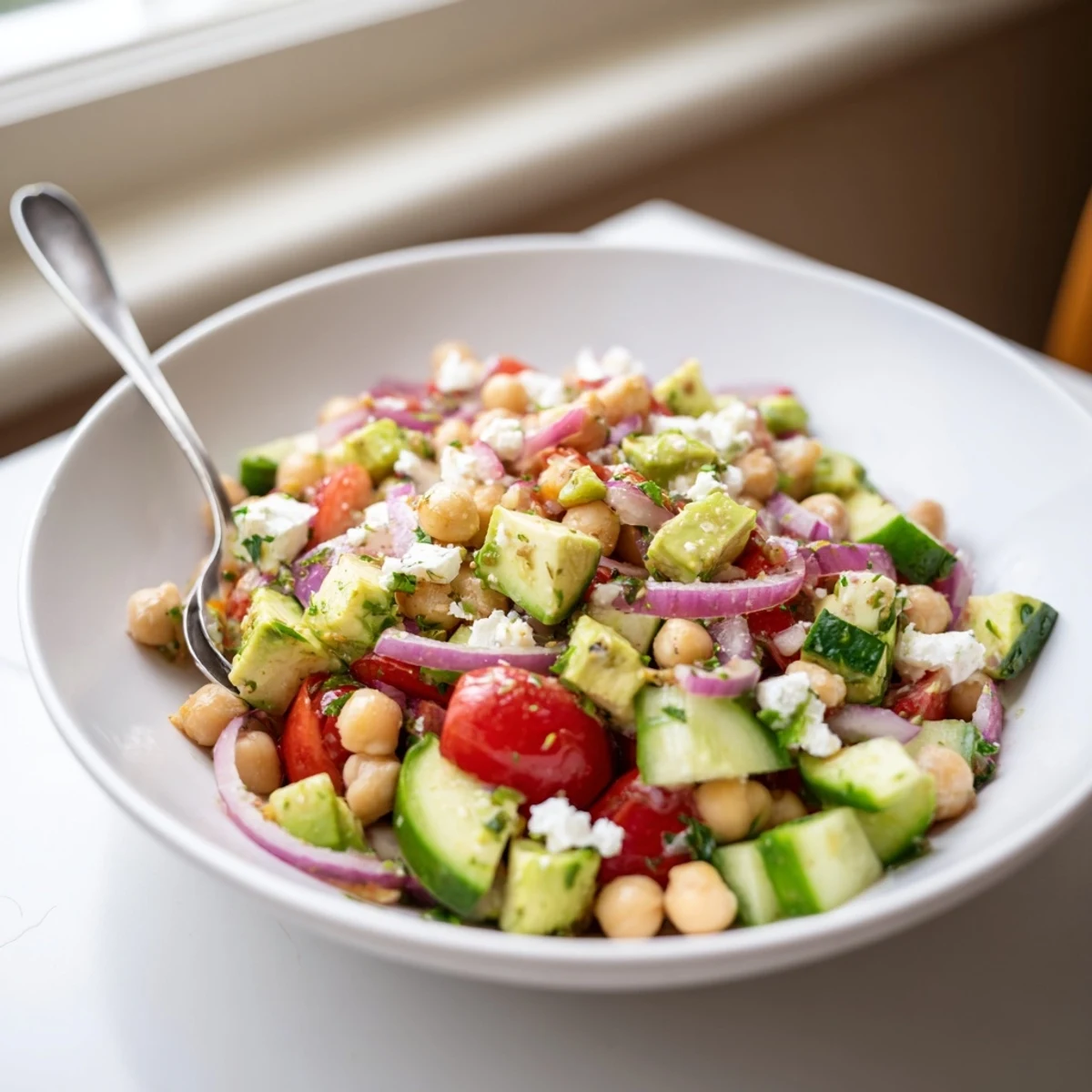 Creamy chickpea feta avocado salad with bright tomatoes served in a rustic bowl