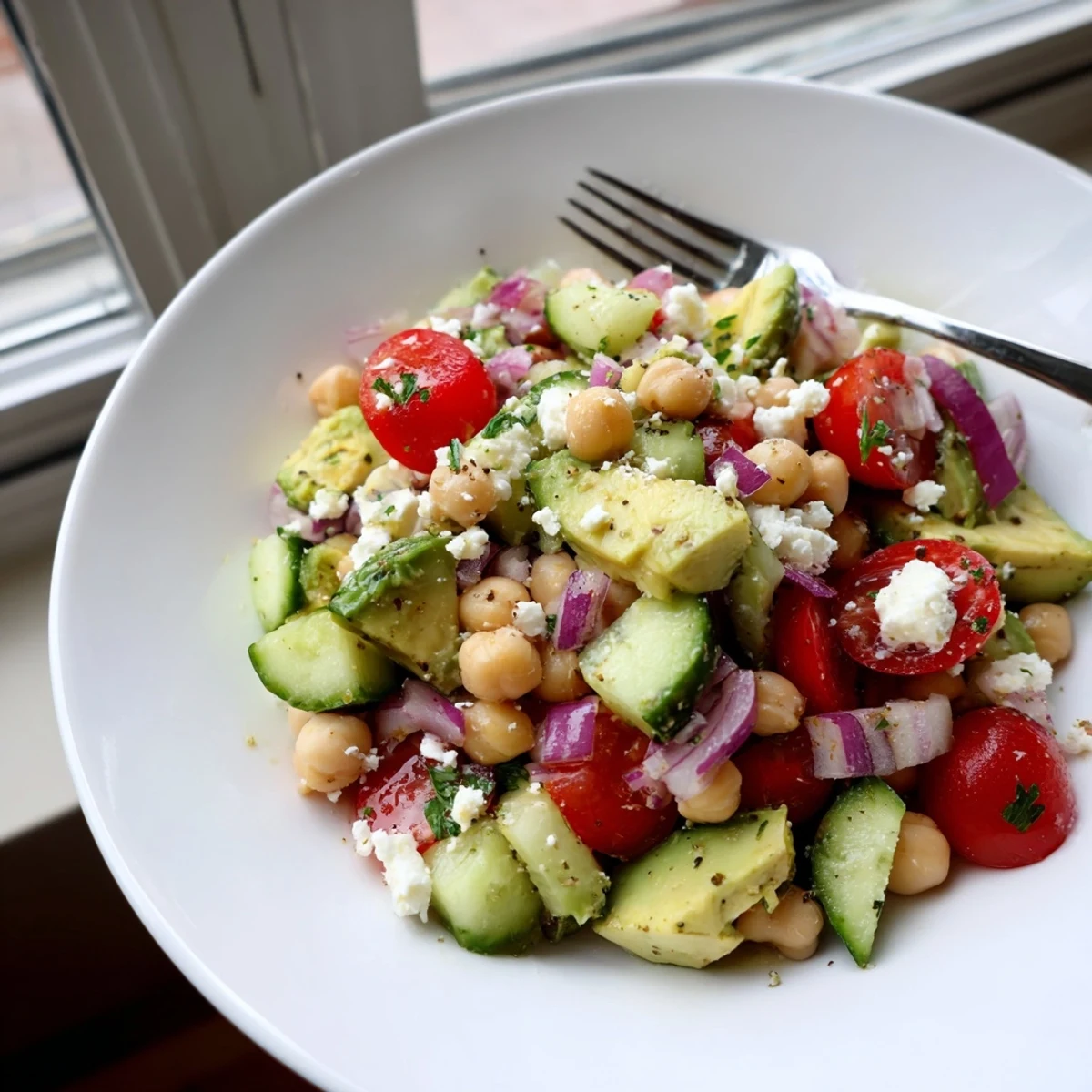 Golden crumbled feta tops this fresh chickpea feta avocado salad with diced cucumber