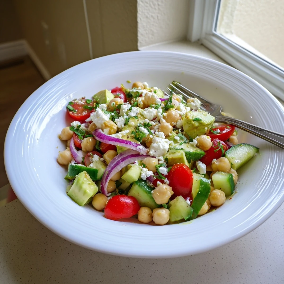 Chickpea feta avocado salad drizzled with lemon herb dressing on a sunny plate