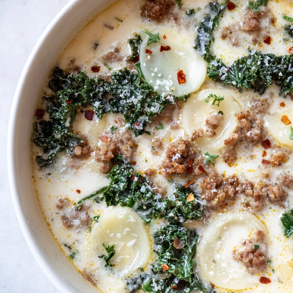 Creamy Zuppa Toscana soup with tender potatoes, crumbled sausage, and wilted fresh kale