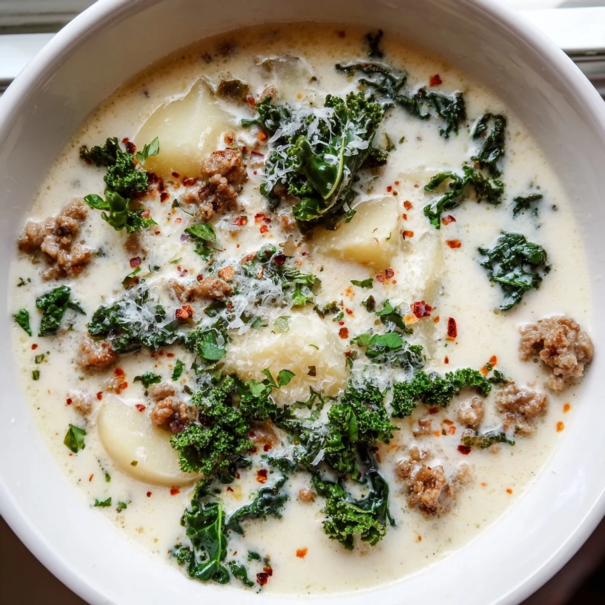 Steaming bowl of Zuppa Toscana soup topped with grated Parmesan and crusty bread