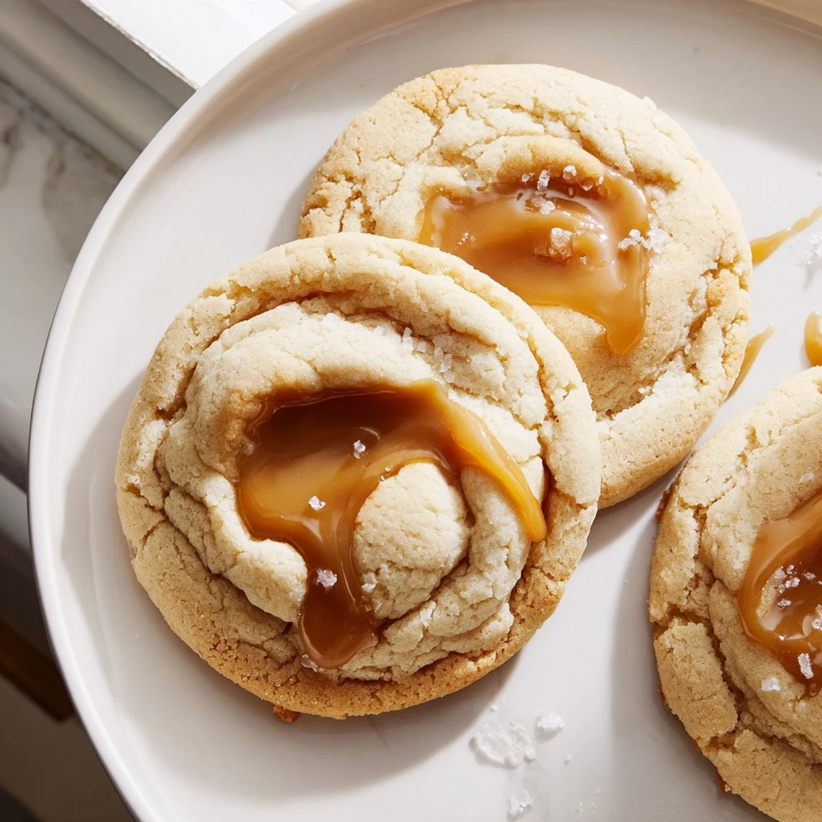 Creamy caramel cheesecake cookies arranged on a rustic white dessert platter